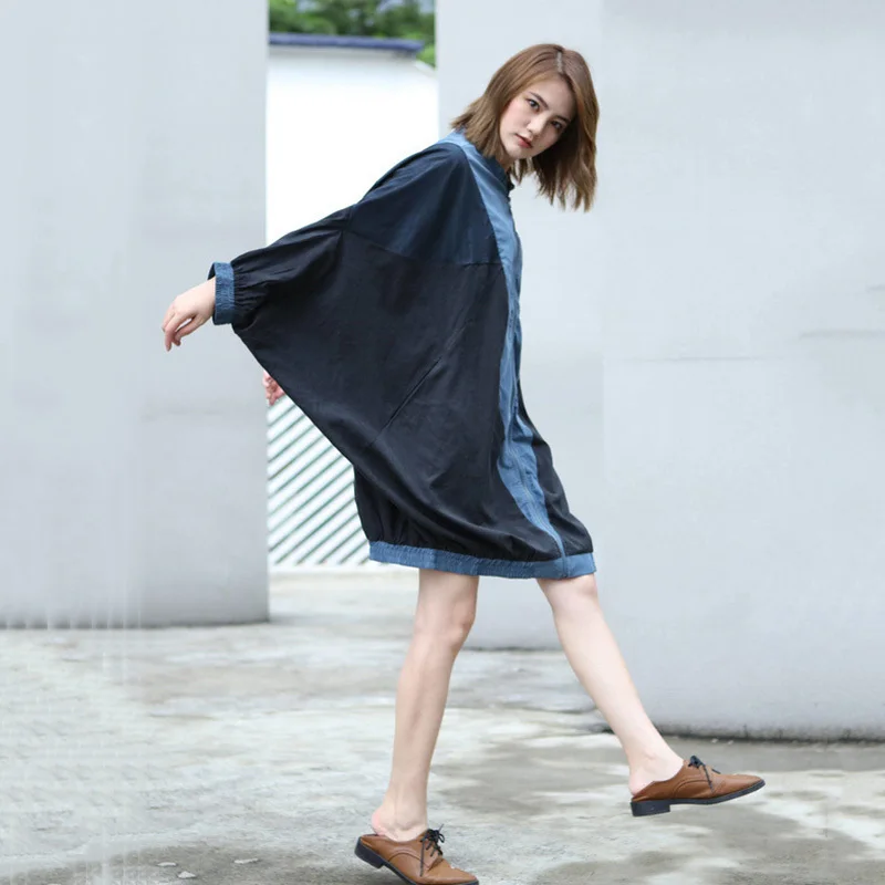 LANMREM синяя свободная ветровка на молнии с круглым вырезом и длинным рукавом