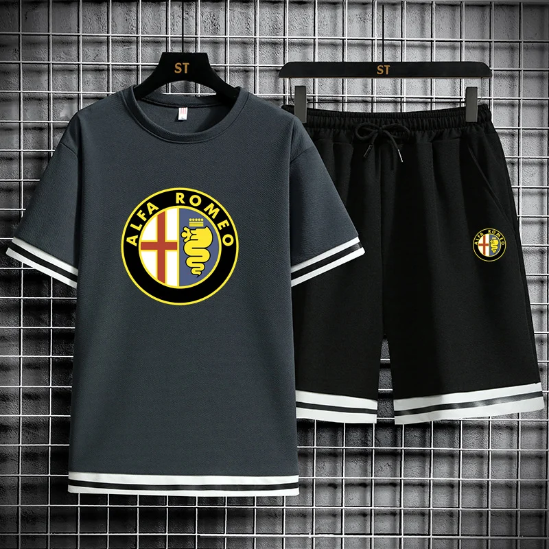 

ALFA ROMEO 2021 Summer Men's T-shirt Set 2-piece Men's Sportswear Set Basketball Sports Fitness Printed Short Sleeve Set