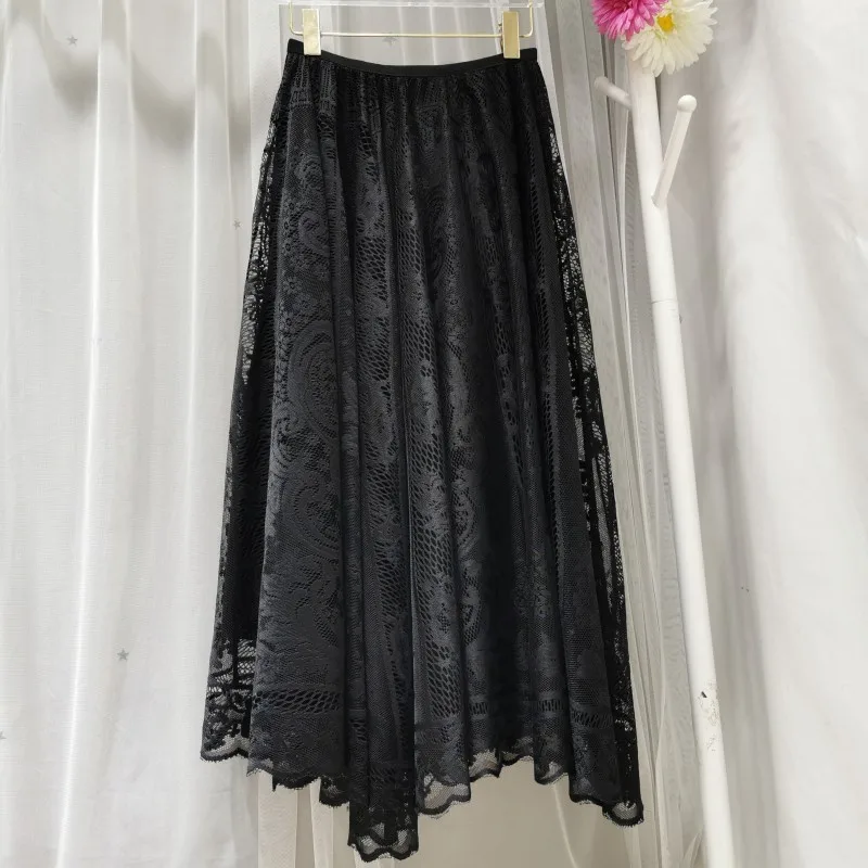 

Jastie Nice Spring and Autumn Women Skirt Sweet Lace Embroidery Elastic Waist Boho Skirts A-line Big Hem Beach Skirt