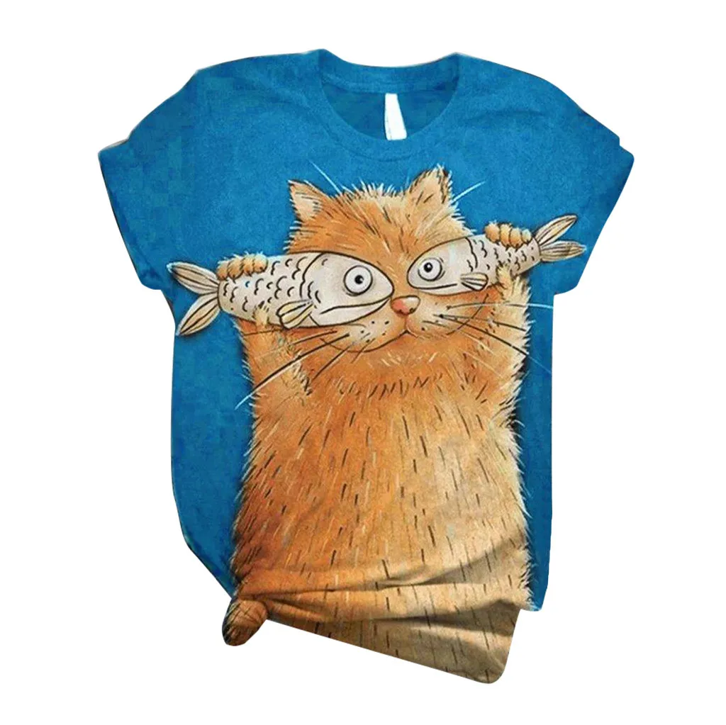 

Summer Retro T-Shirt Women's T-Shirt Plus Size Loose Casual Women's Short Sleeve 3D Cat Print Crewneck Top 2021