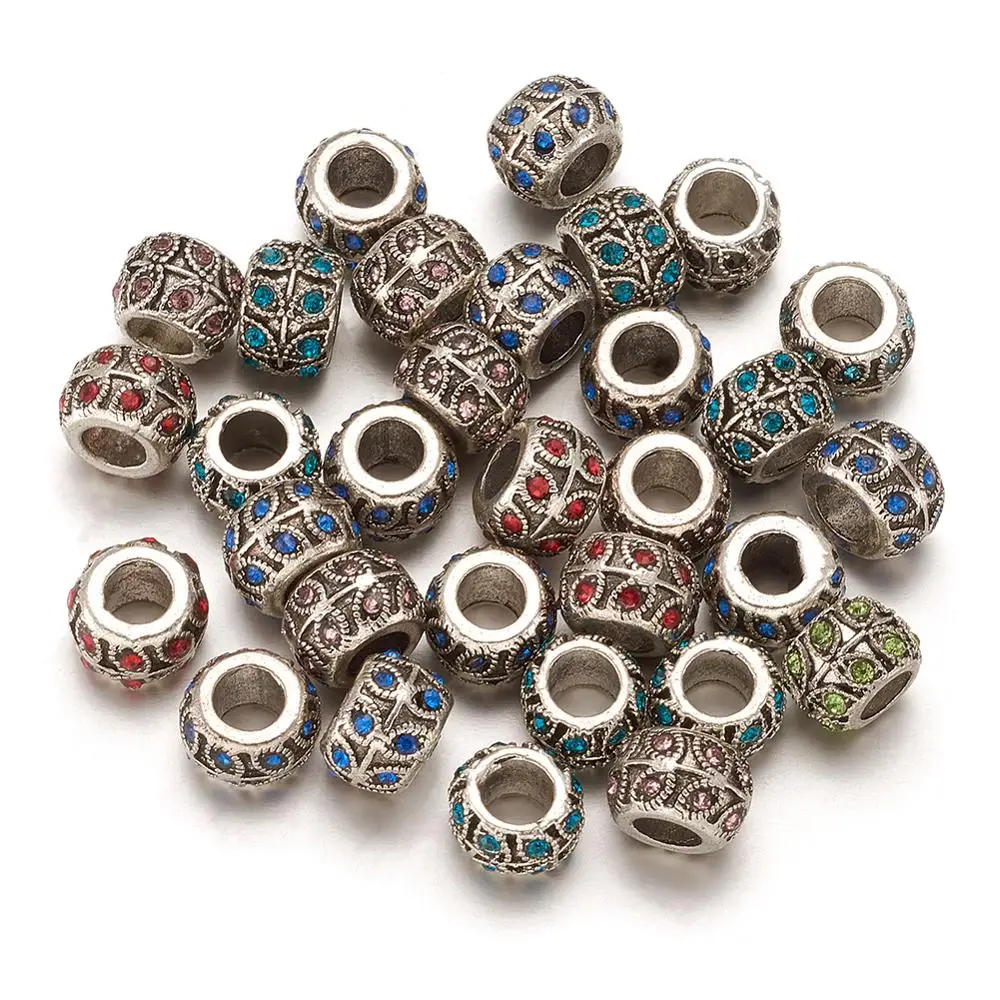 50pcs Antique Silver Plated Alloy Rhinestone Large Hole European Beads Rondelle with Leaf Mixed Color 9x7mm | Украшения и