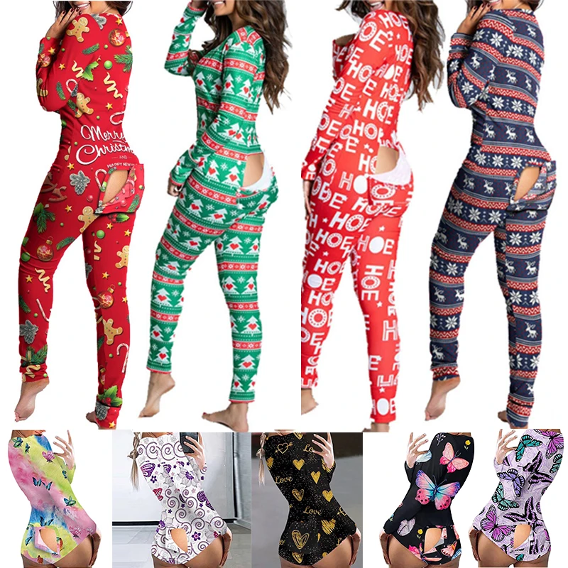 

Sexy Christmas Pajama for Women New Year Jumpsuit Button-down Front Back Butt Bum Open Ass Flap Jumpsuit Xmas Print Loungewear