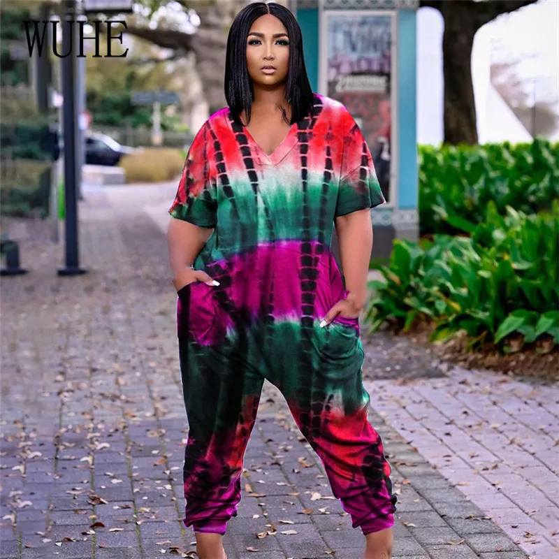 

WUHE Color Matching Loose Jumpsuits Sexy V Neck Print Patchwork Short Sleeve Pockets Summer Streetwear Casual Party Overalls