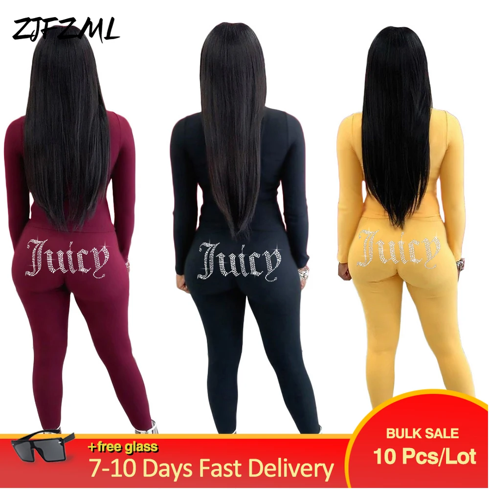 

Bulk Wholesale Items Lots Women's Sets Spring New Full Sleeve Elastic Hight Basic Tops & Back Rhinestones Pencil Pant Sweatsuits