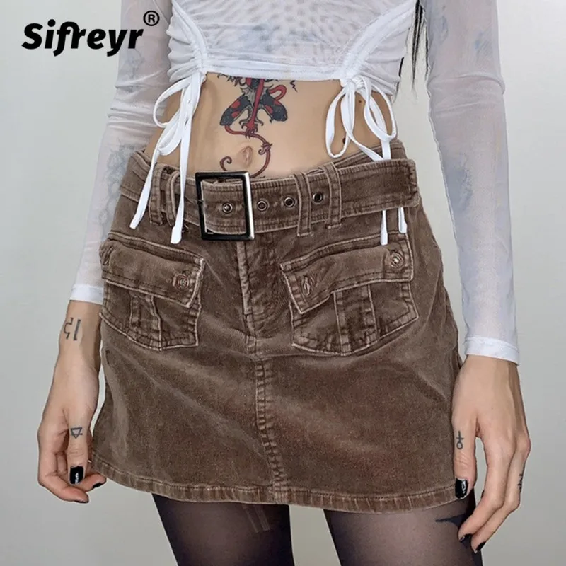 

Sifreyr Vintage Y2K Denim Skirts Women Gothic Pocket High Waist Mini Skirt Femme Fashion Streetwear Wide Belt Short Skirts 90s
