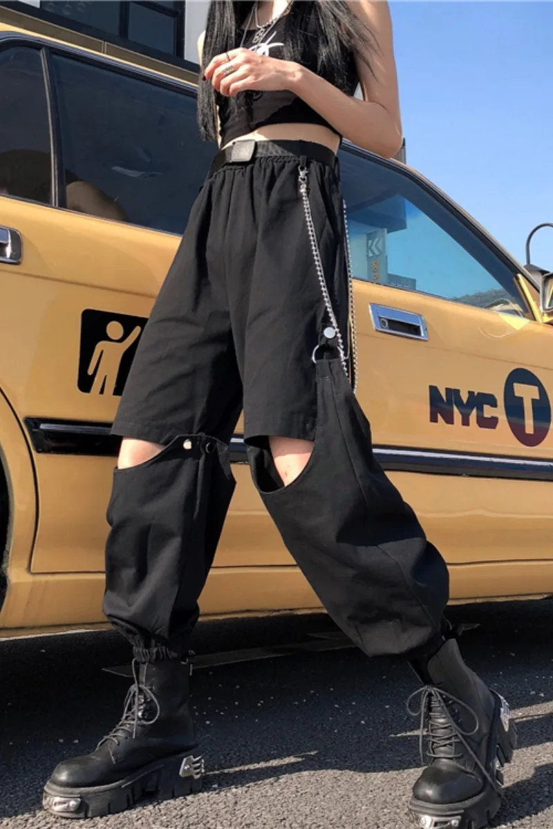 

GOOHOJIO Straight Casual Solid Wide Leg Trousers Streetwear Hole Pants Hot Selling Chic Loose High Quality Cargo Pants Hip Hop