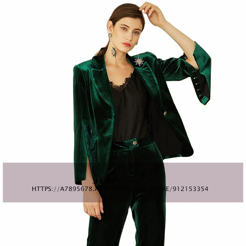 Women's 2-Piece Velvet Business Slim Fit Work Wear Pointed Lapel Warm Blazer + Pants