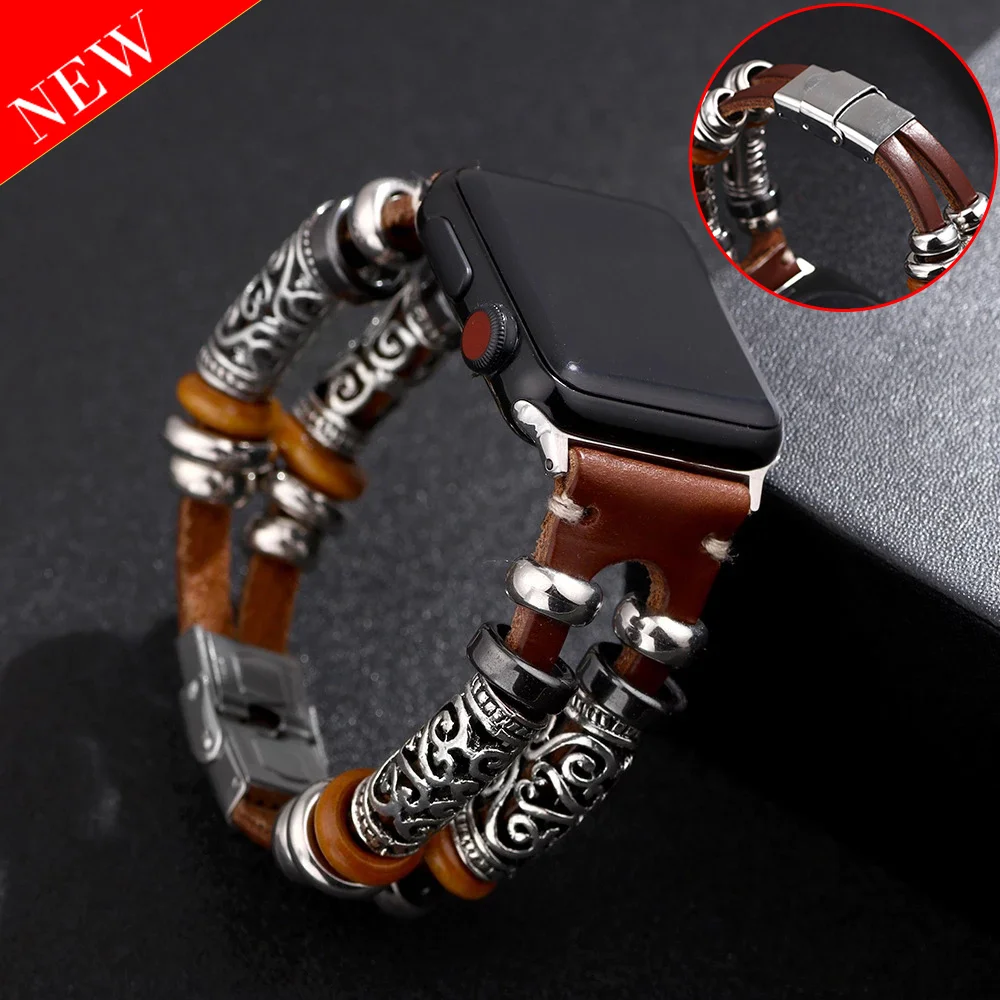 

Vintage PU Leather Embossed Ornament Wristband For Apple Watch Series 4/3 Replacement Bracelet Strap For Women Men Accessories