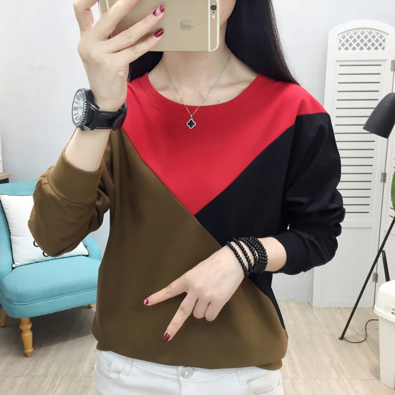 

Plus Size Womens Clothing Loose T-Shirt Contrast Color T Shirt Women Long Sleeve Autumn Tops Camisas Mujer 2019 Tee Shirt Femme
