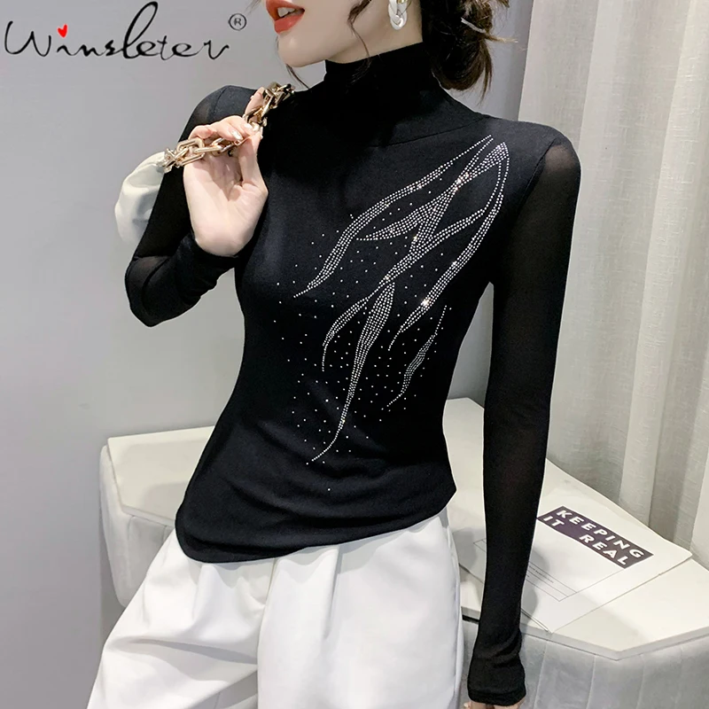 

MadBlack Fall Winter Clothes Lady T-Shirt Chic Sexy Turtleneck Mesh Shiny Diamonds Tops Long Sleeve Bottoming Shirt Tees T1N410A