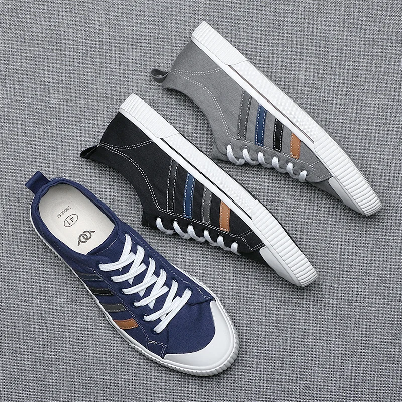 

Breathable Vulcanized Sneaker Shoes Men Hard-wearing Striped Canvas Lace-ups Spring/autumn Sewing Solid Light Flats M221177