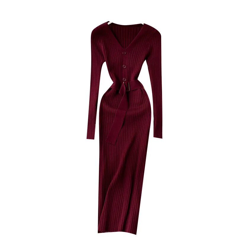 

Spring Autumn Solid Color Elegant Women's Red Knitted Dress 2021 Ladies V-Neck with Belt Slim Bodycon Midi Dresses Female Robe
