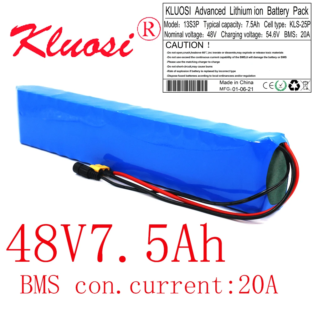 

KLUOSI 48V 7.5Ah 8Ah 13S3P 250W 450W 500W 750W 54.6V Lithium Rechargeable Battery Pack Built-in 20A BMS for Scooter Ebike Motor