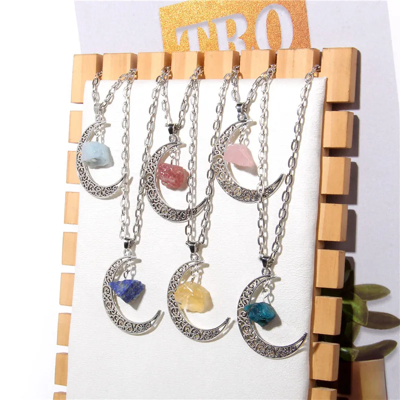 Ретро ожерелье из натурального кварца камня Reiki Raw Stone Retro Moon Necklace Geometric Faith Healing Natural Crystal Quartz Chain Necklaces Jewelry Party Gifts For Women on.