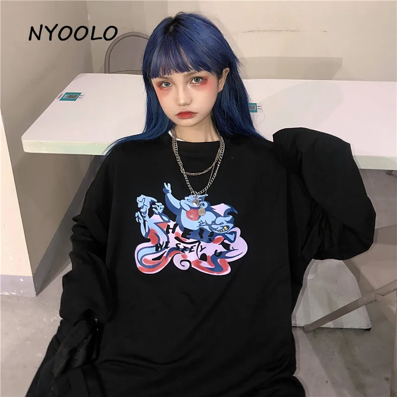 NYOOLO Harajuku стиль spoof мультфильм печати футболка осень уличная свободная o-образным вырезом с длинным рукавом Футболка женская мужская одежда Топ