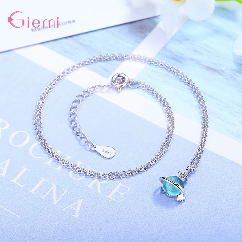 

Hot Sale 925 Silver Ocean Blue Crystal Round Bead Pendant Necklace For Women Girls Nice Christmas Jewelry Gift Dropshipping