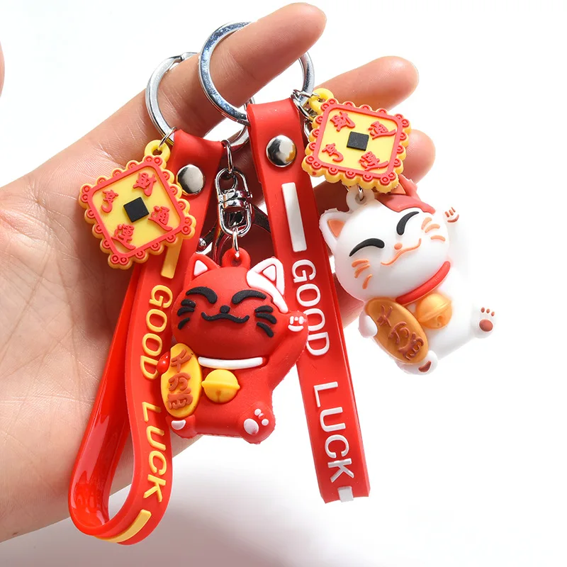 

Leuke Rode Lucky Cat Sleutelhanger Pvc Lanyard Dier Pop Maneki Neko Auto Sleutelhanger Bag Hanger Souvenir Porte clef K2447