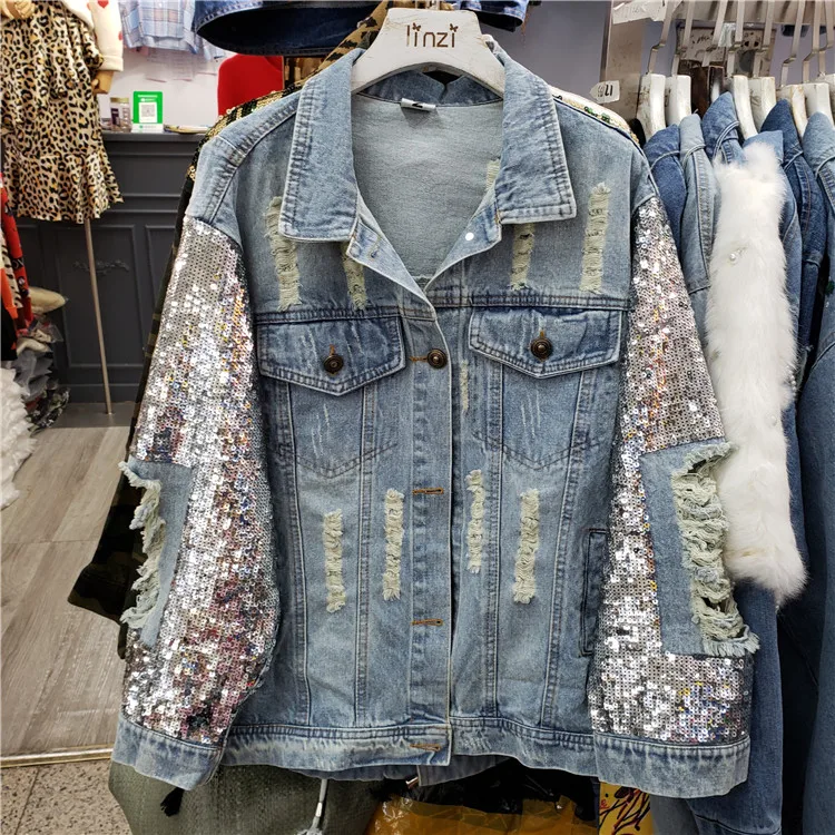 Женское джинсовое пальто с блёстками свободное в стиле Харадзюку на осень