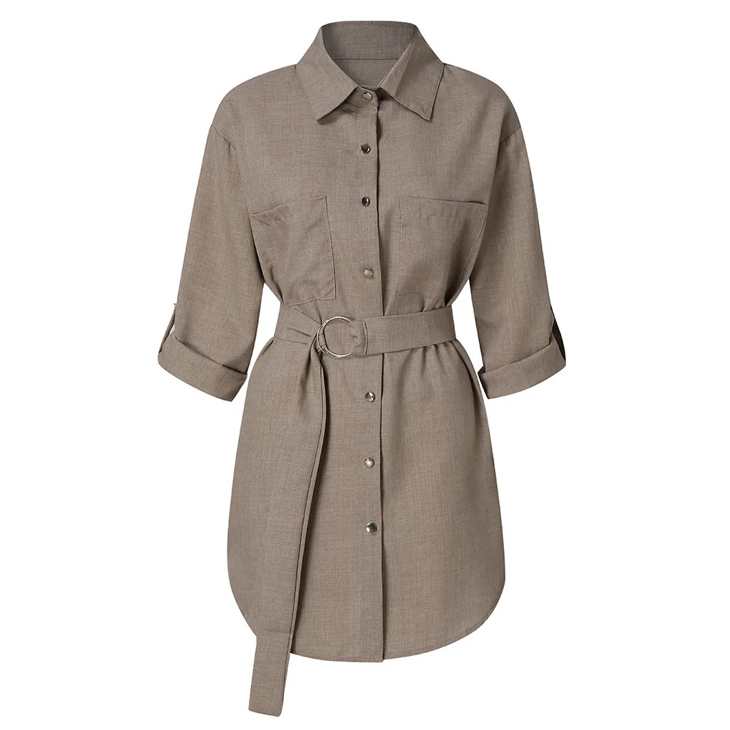 Women Autum Long Sleeve Mini Dress OL Belt Casual Work Plain Shirt Blouse Tops vestido de mujer женское платье#s | Женская