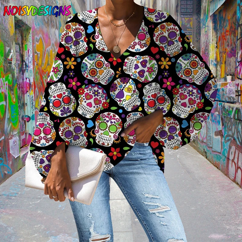 

NOISYDESIGNS Large Size Sugar Skull Pattern Female Blouse 2021 Casual Loose Long Sleeve Shirt Tops V-neck Women Harajuku Clothes