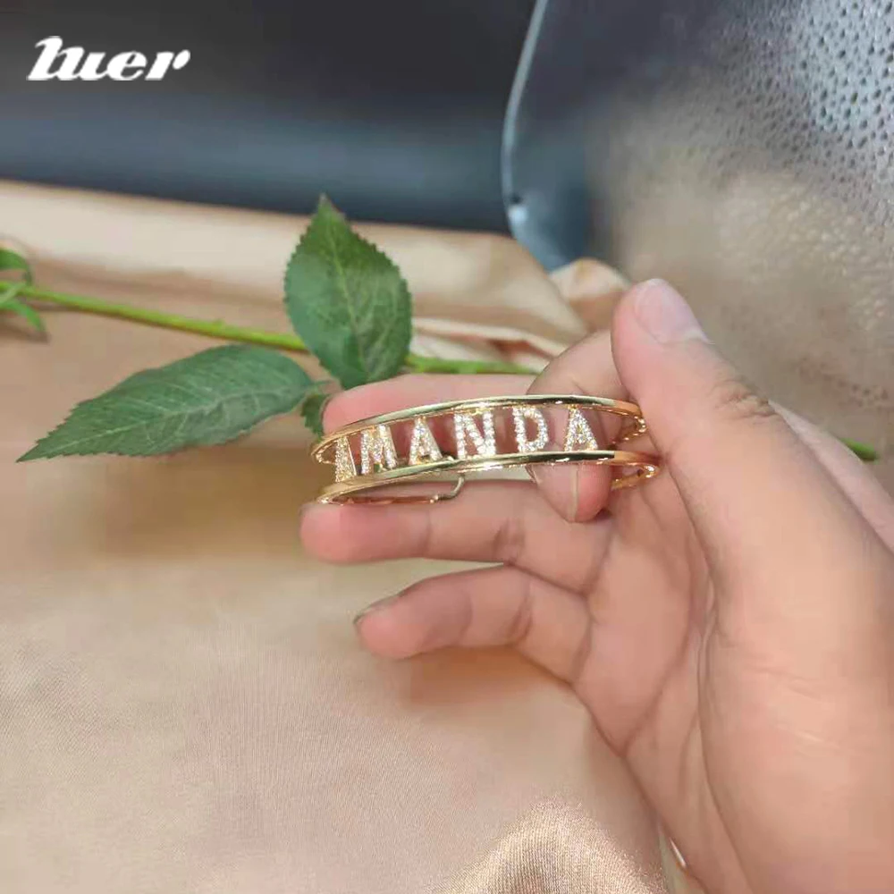 

LUER Custom Bracelet Personalized/Name Letter Cuff Bangle Bracelet With Rhinestone Stainless Steel Jewelry Valentine's day Gift