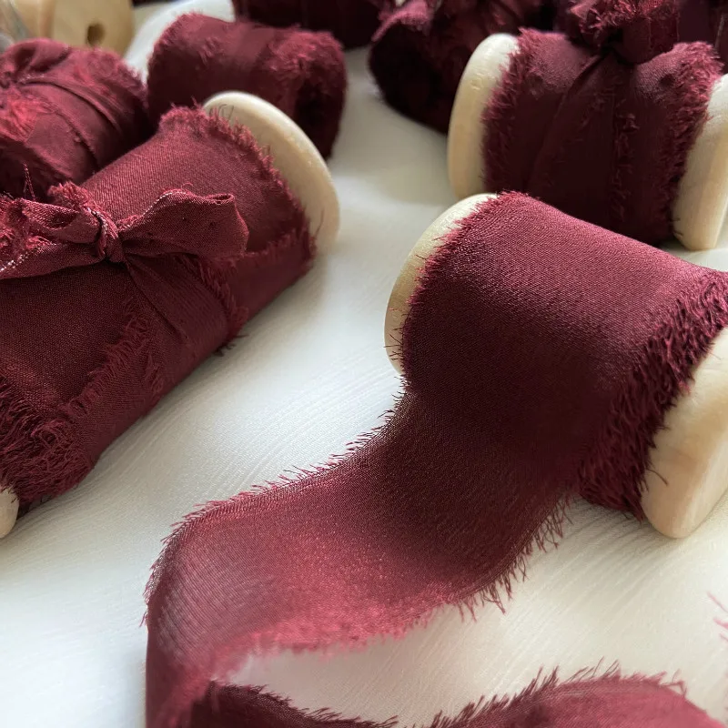 25 мм шифоновые шелковые ленты с необработанными краями бордового и красного