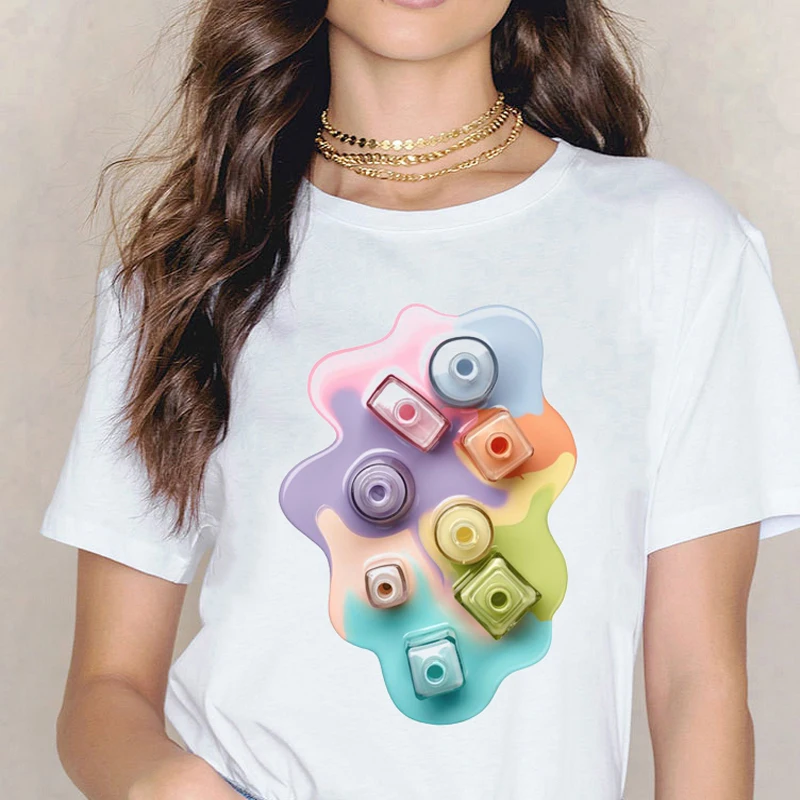 

Ulzzang Vintage T-shirt Female Summer Vogue Rainbow Nail Polish Print Tee Shirt Women Harajuku Tee Aesthetic Streetwear Clothes