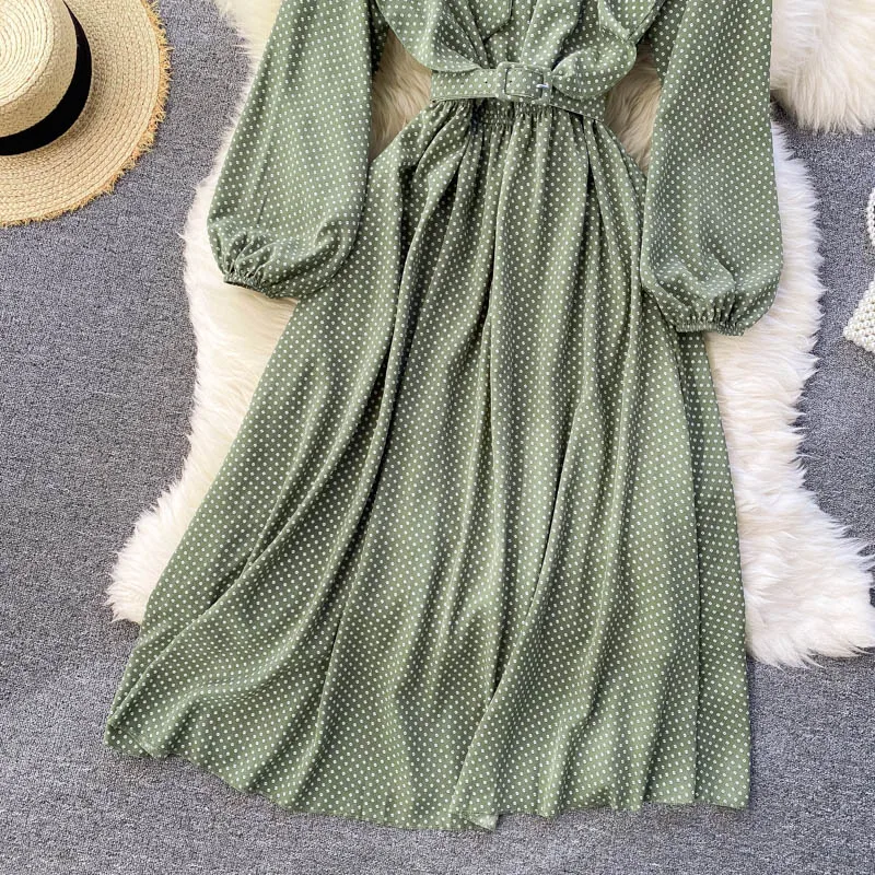 

Black/White/Green Polka Dot Chiffon Dress Women Vintage Bow Collar Puff Long Sleeve High Waist Vestido With Sashes Spring Summer