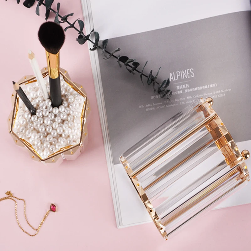 

Nordic Gold Glass Vase Eyebrow Pencil Makeup Brush Bucket Geometric Beauty Pencil Case Storage Box Cosmetic Container Organizer