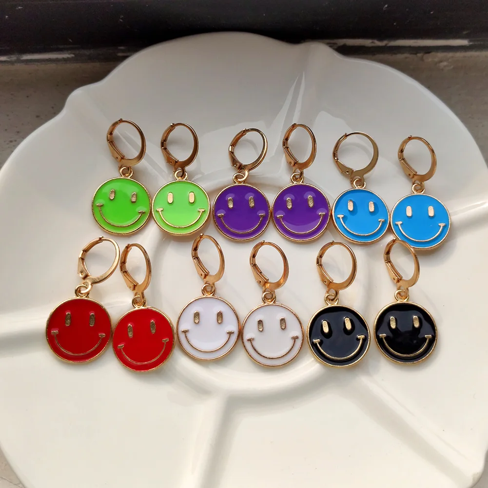 

JUST FEEL Cute Colorful Enamel Smiley Face Drop Earrings For Women Gold Color Round Smile Dangle Earrings Fashion Jewelry Gift