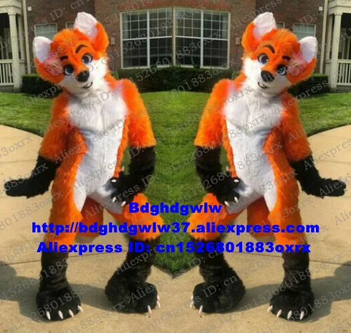 Оранжевый длинный меховой костюм-талисман с изображением волка хаски собаки