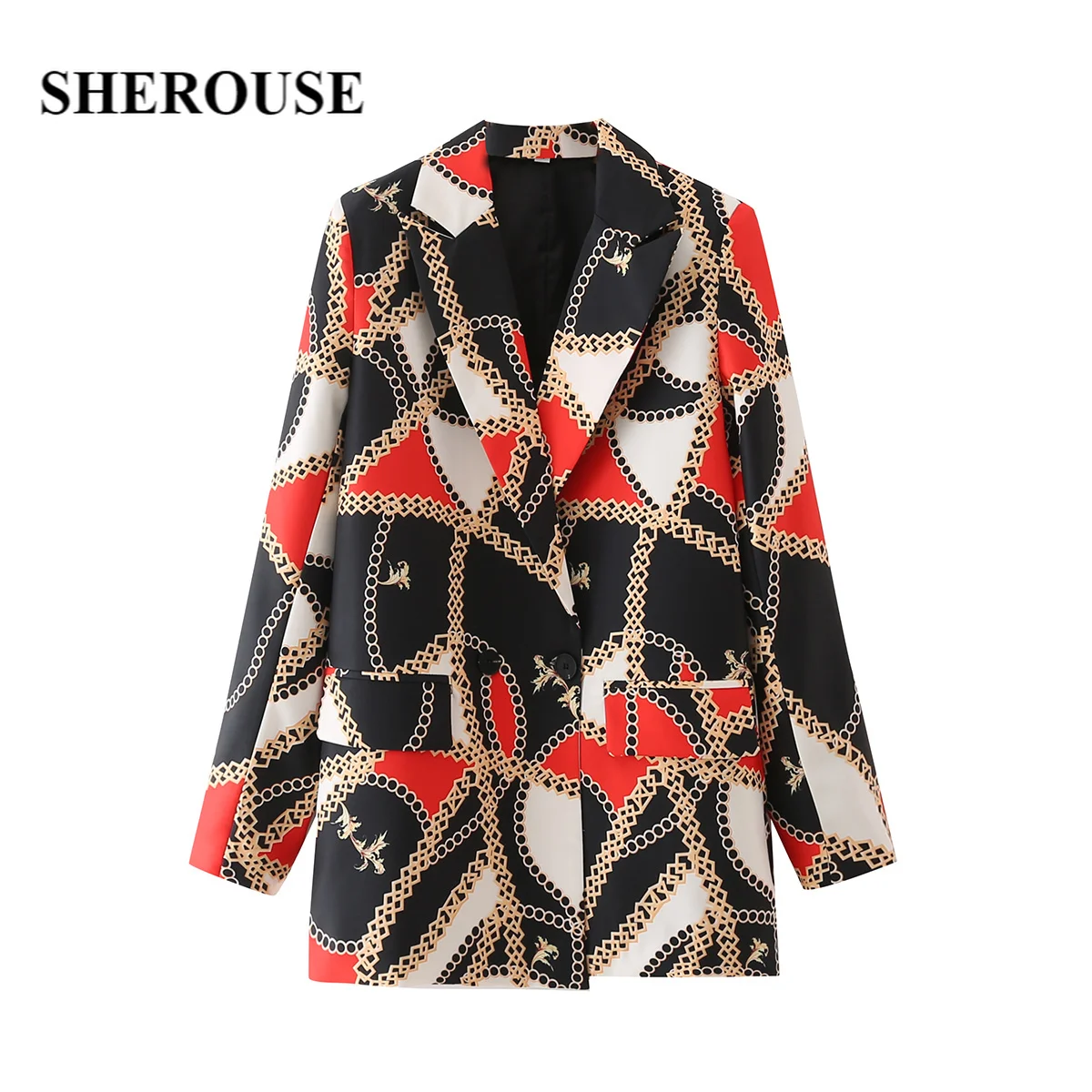 

Sherouse Women Fashion Printed Double Breasted Blazer Vintage Notched Neck Long Sleeves Office Lady Suit veste femme