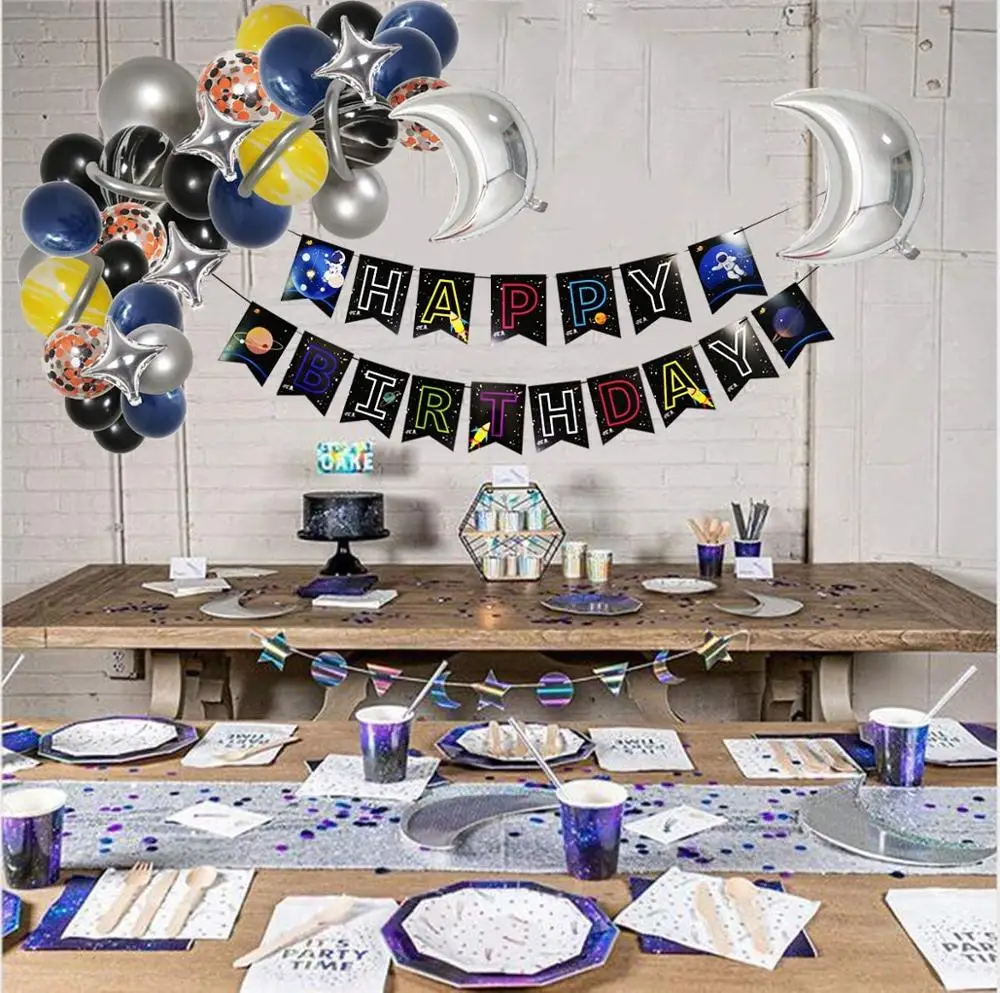 

Outerspace Theme Happy Birthday Banner Silver Moon Star Foil Balloons Deep Blue Agate Balloons for Kids Birthday Party Supplies