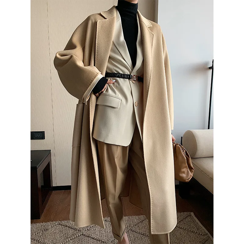 Женское шерстяное пальто с отложным воротником дизайнерское длинное синее