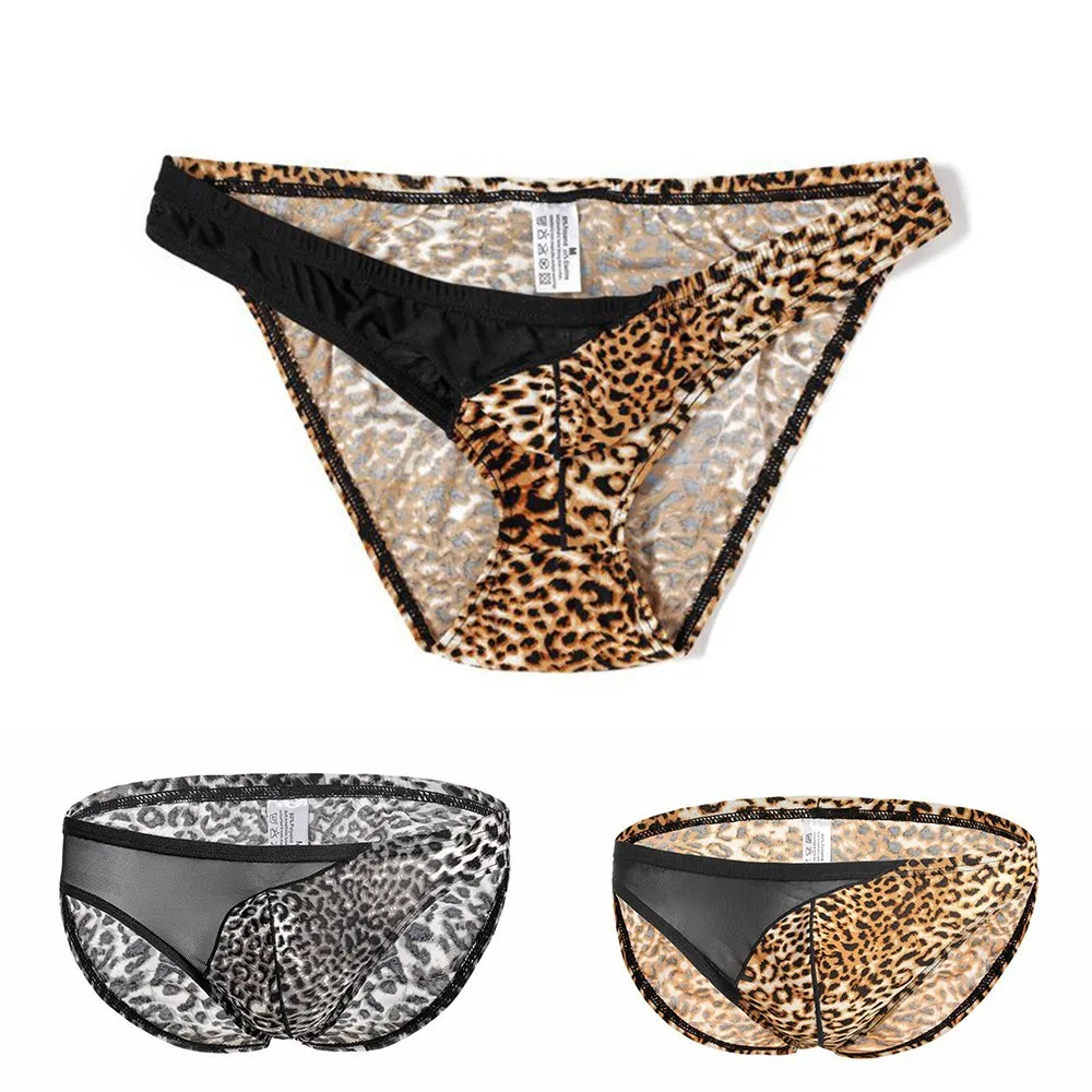 

Men Underwear Leopard Print Briefs Patchwork Color Mesh Breathable Smooth Elastic Low Waist Underpants U Convex Pouch Lingerie