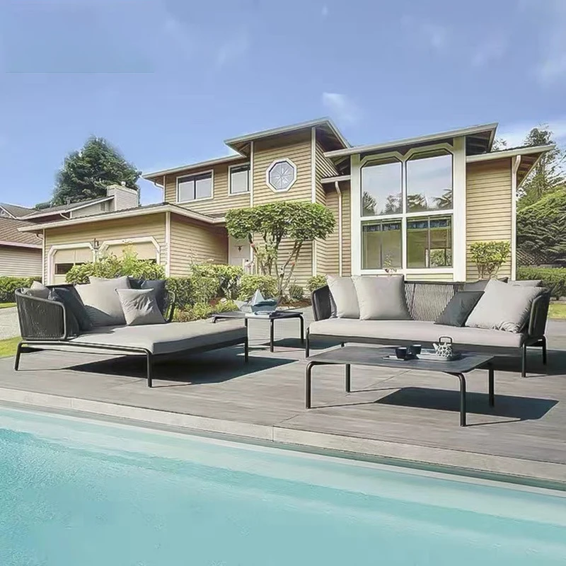 Nordic outdoor rattan leisure sofa courtyard garden terrace chair balcony villa three person tea table combined | Мебель