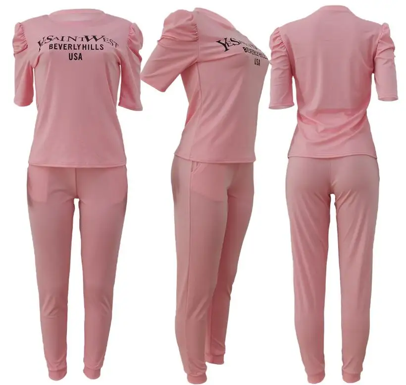 

Vestidos women set 2 piece outfits Solid Color Print short sleeve T-shirts tops+pants casual tracksuit Female Matching Suits