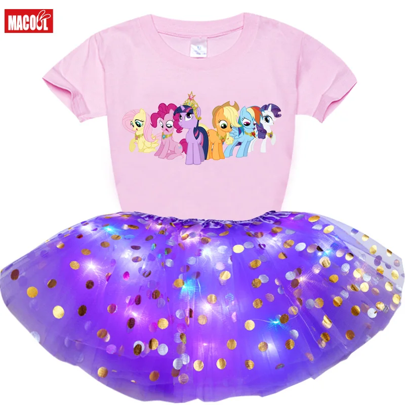 

Kids Girl Light Tutu Sequins Glow Skirt Wedding Flower Wreath Ballet Miniskirt +Custom Short Sleeve T-shirt Sets Party Halloween