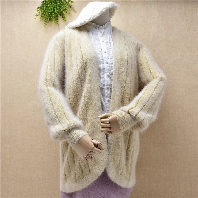 

ladies women light yellow soft hairy vintage angora rabbit fur knitted long striped sleeves mink cashmere cardigans jacket coat