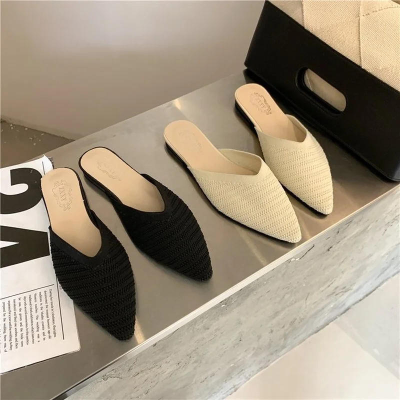 

comemore Women Mules Flat Shoes 2021 Summer Fashion Weave Flats Slippers Elegant Off-white Slides Mesh Breathable Office Beach