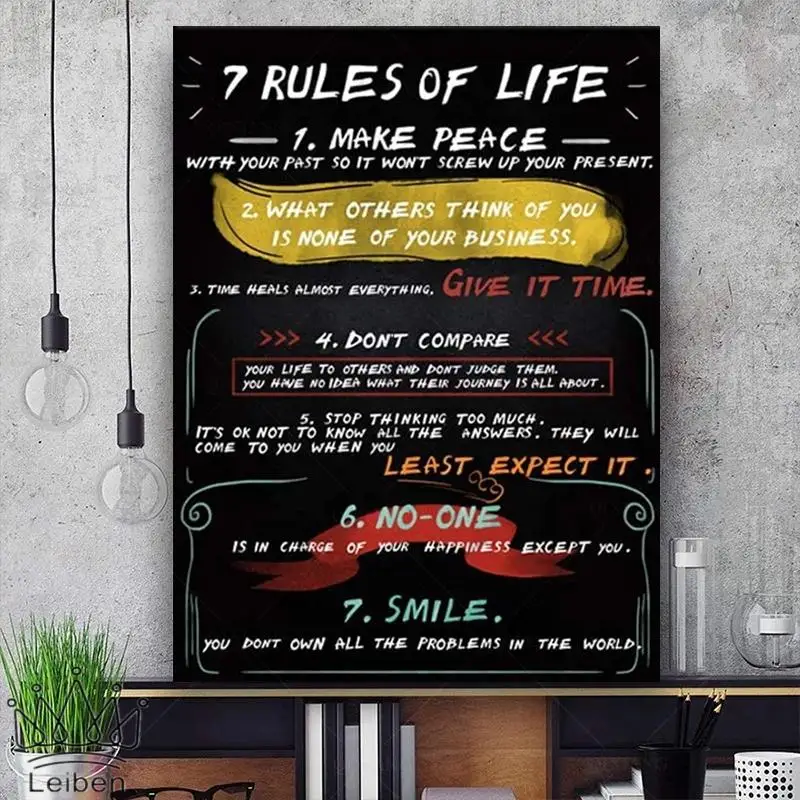 

7 Rules of Life Motivational Canvas Painting Office Decoration Inspirational Quotes Wall Art Poster Modern Home Decor Bedroom
