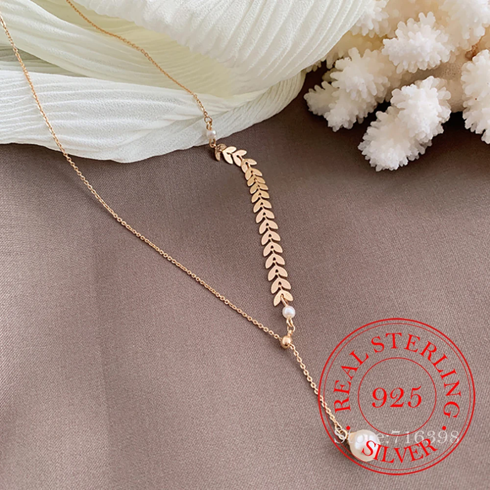 

925 Sterling Silver Round Pearl Bead Leaf Shape Charm Pendant Necklace For Women Wedding Romantic Jewelry Choker Collar