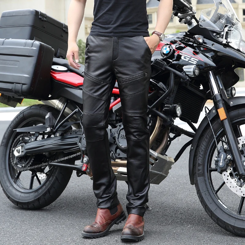 Winter Warm Fleece Lining Motorcycle Pants Men Windproof Genuine Leather Punk Cargo Trousers Zipper Biker Streetwear | Мужская одежда