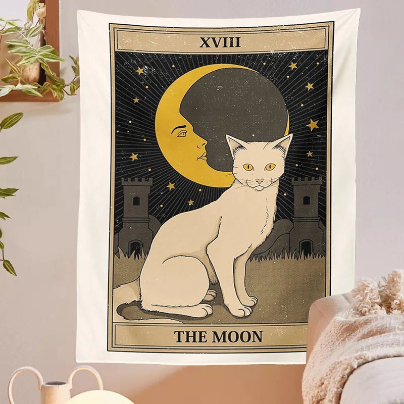 Tarot Card Tapestry Boho Wall Hanging Cat Mysterious Divination Witchcraft Beach Moon Phase Aesthetic Room Decor Mural | Дом и сад