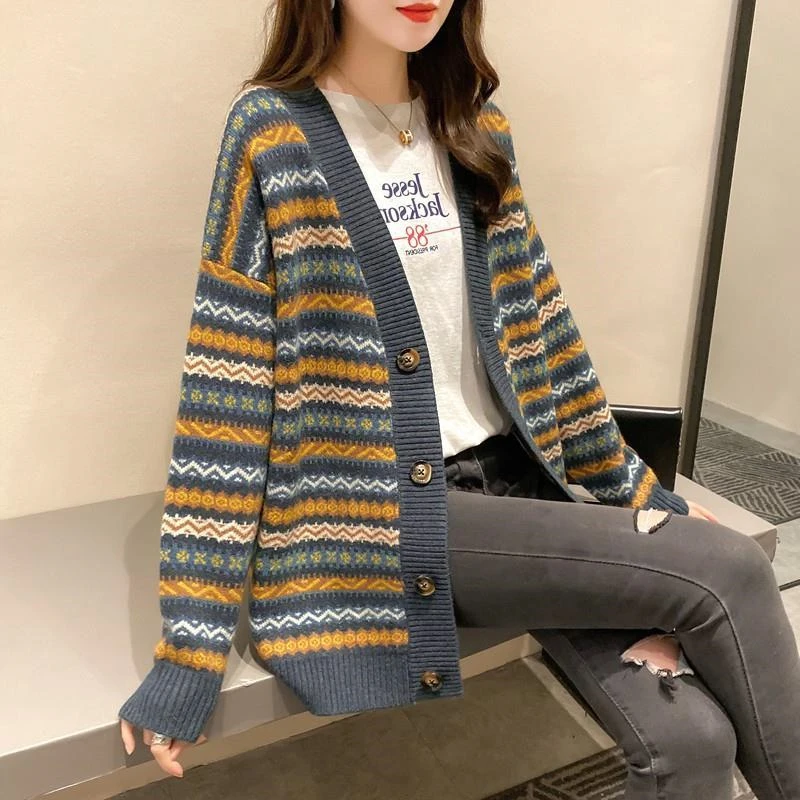 

Retro Striped 2021 Women Cardigans Winter Caotton Spliced Plus Size Sweater Chic Top Woman Sweater Cardigans Jersey Knit Jumpers