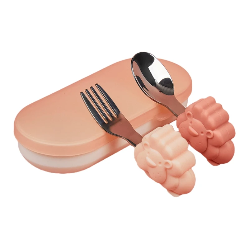 

2 Pcs Cartoon Animal Baby Stainless Steel Spoon Fork Set Soft Silicone Teether
