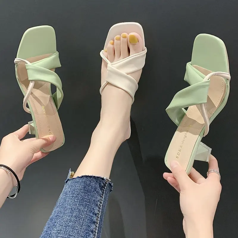 

Shoes Women Slippers Casual Med Square Toe Slides Pantofle Thin Heels Soft Luxury 2021 PU Fashion Rome Sexy Rubber Shoes Ladies