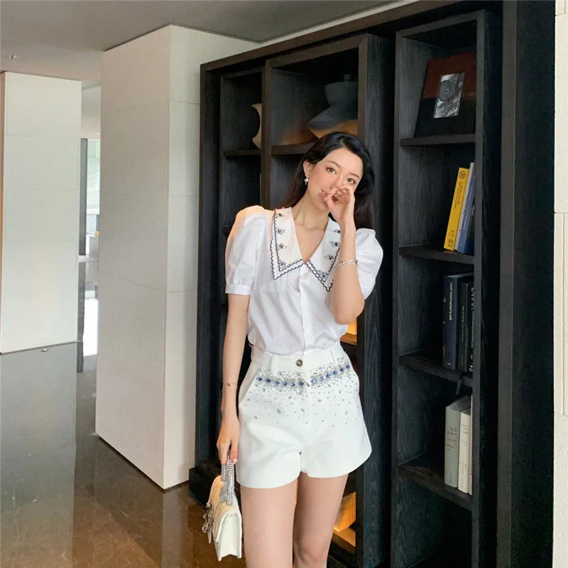 

Рубашка женская с буффами на пуговицах, дизайнерская блуза с воротником «кукла» и рукавами-фонариками, Элегантная Модная брендовая одежда, ...