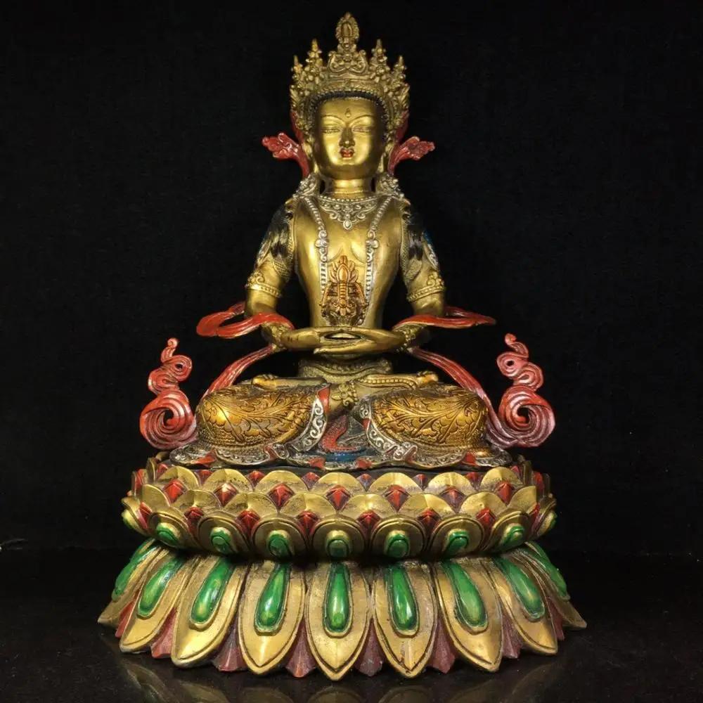 

13" Tibet Buddhism Temple Bronze Painted Longevity Buddha Statue of Immeasurable Wisdom Avalokitesvara Enshrine the Buddha