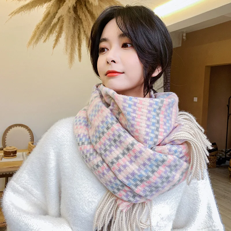 

Han edition new winter imitation cashmere scarf female extension thickening plaid shawl fashionable joker rainbow plaid scarves